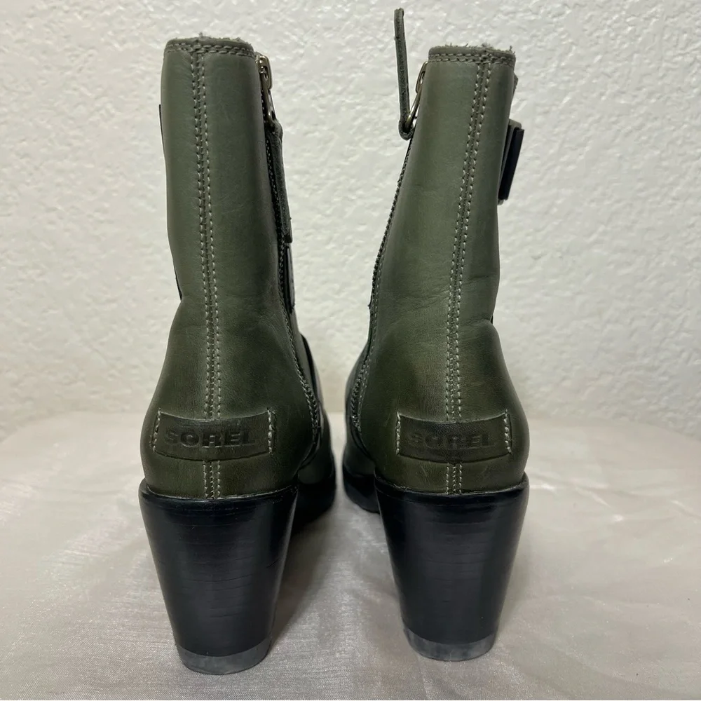 Sorel After Hours Waterproof Leather Wedge Bootie Color Nori NL2550-383 Size 7.5